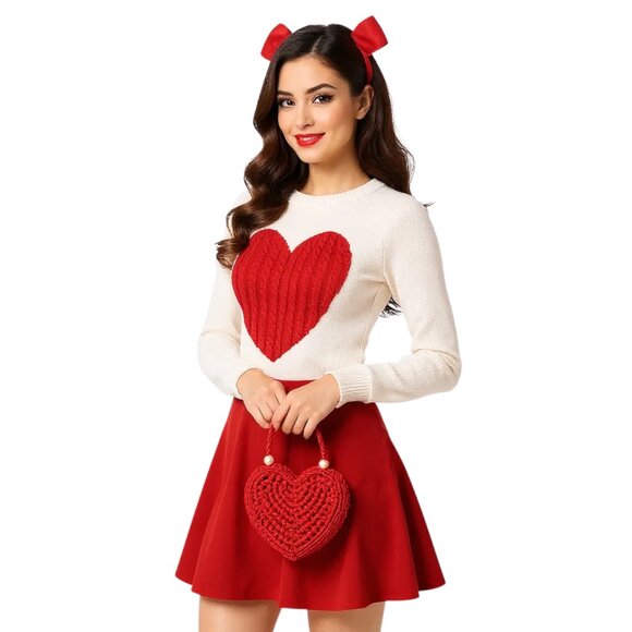 Coquette Aesthetic Heart Cable Knit Sweater, Pullover - Picture 3 of 7